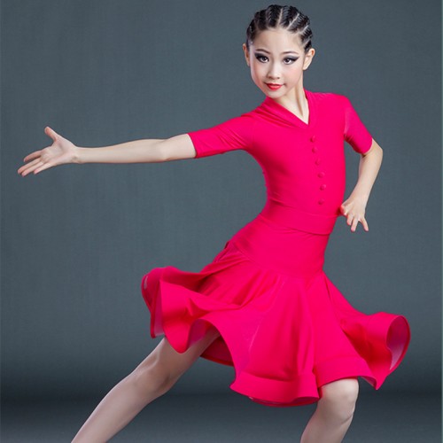 Girls kids turquoise navy black wine pink colored competition latin dance dresses  professional ballroom performance costumes for children